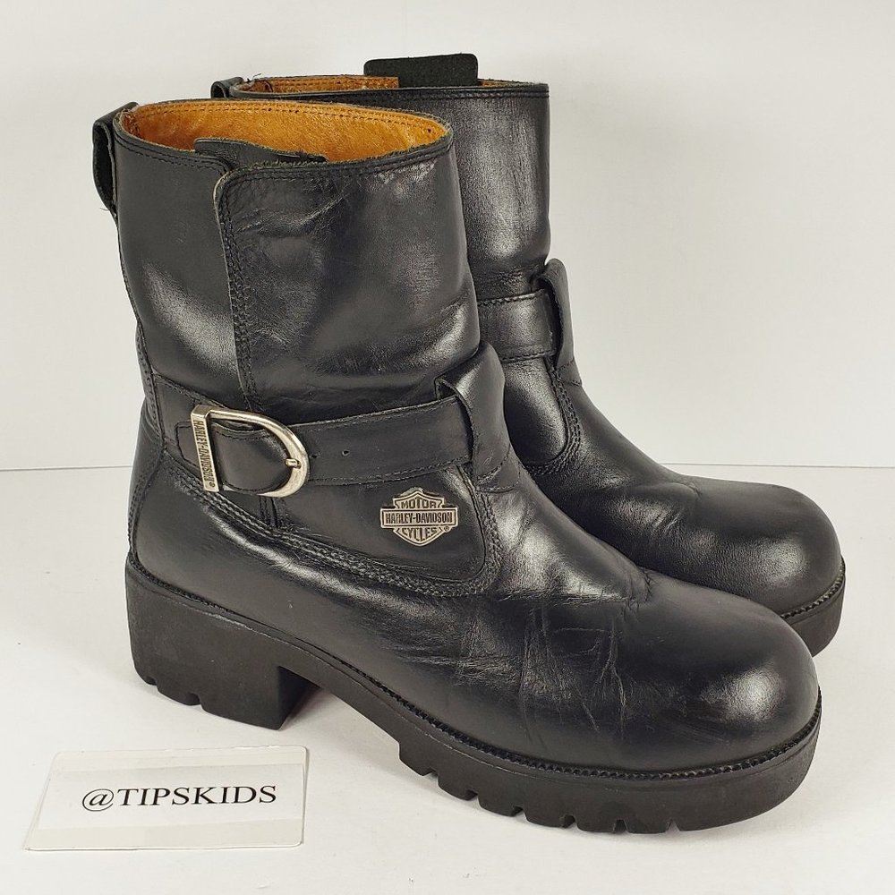Harley Davidson Black Leather Motorcycle Ankle Platform Boots Women's Size 8.5